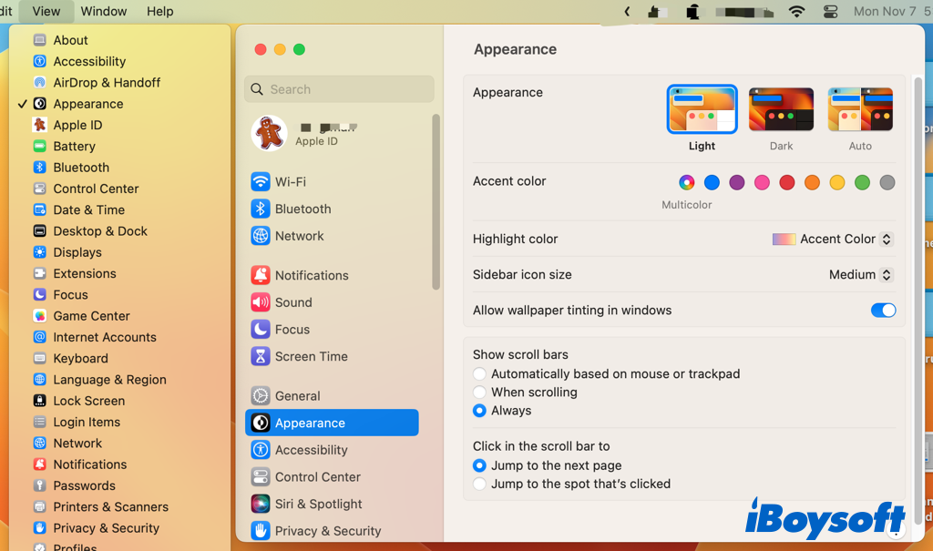 view menu in system settings