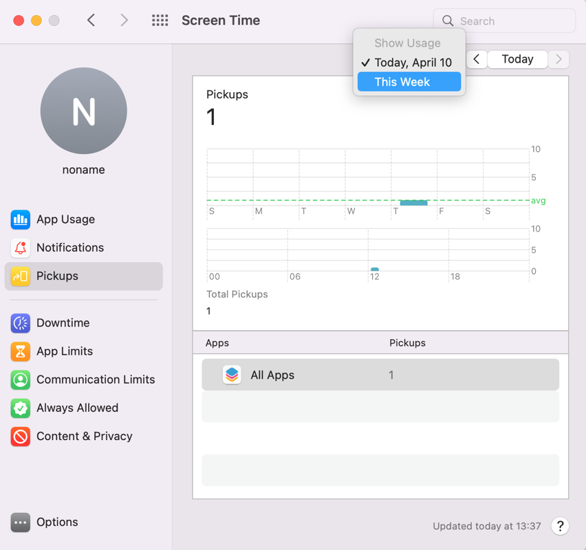 Pickups setting in Screen Time on Mac