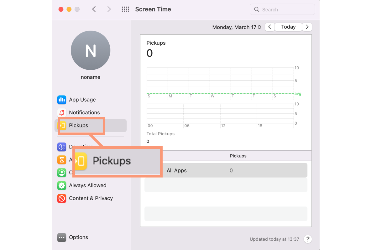 Pickups setting in Screen Time on Mac