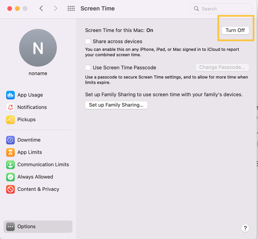 Pickups setting in Screen Time on Mac