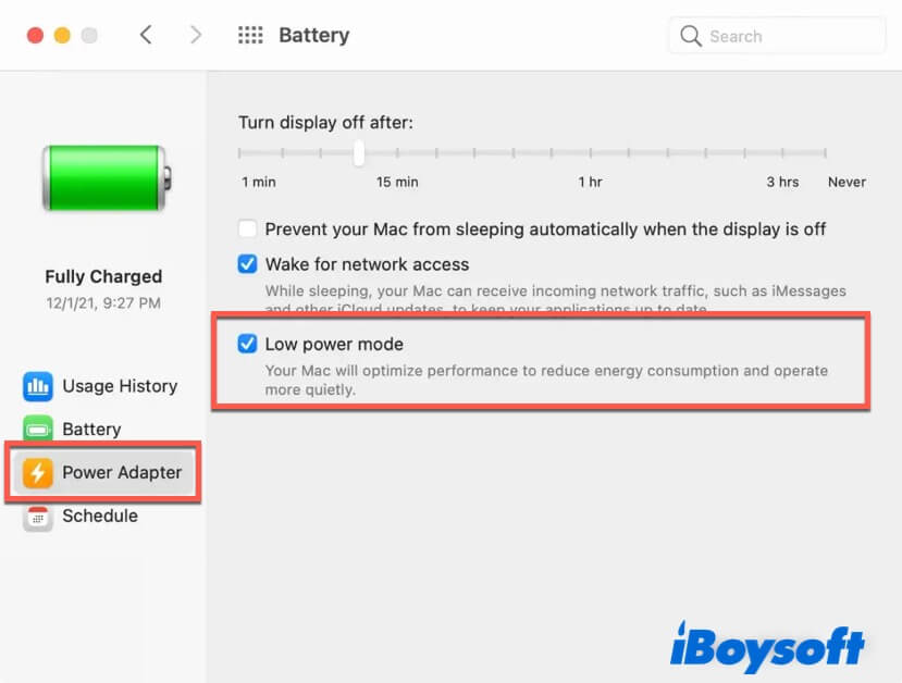 enable low power mode with power adapter