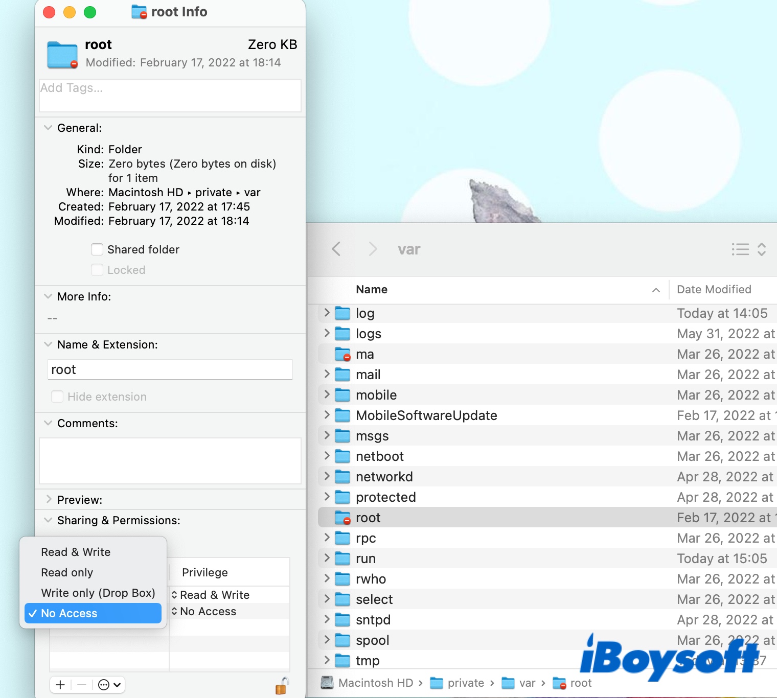 Change permission to view folders in private var on Mac