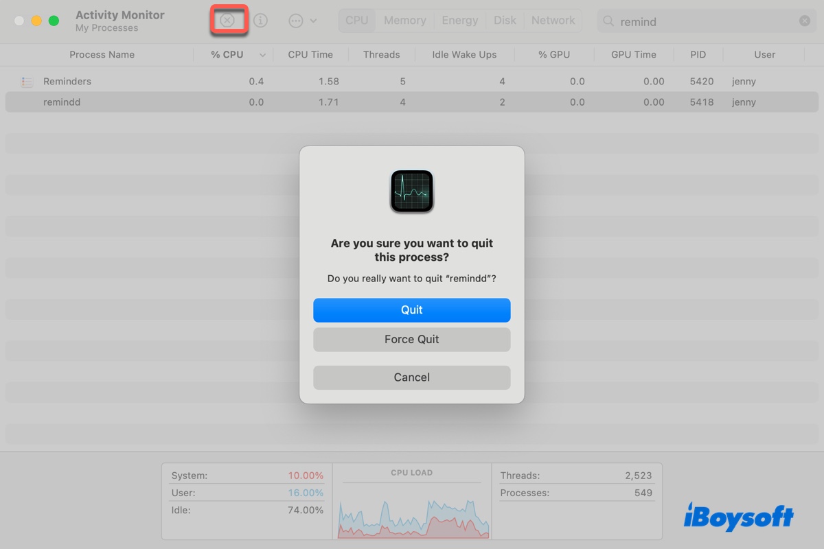 How to force quit remindd in Activity Monitor