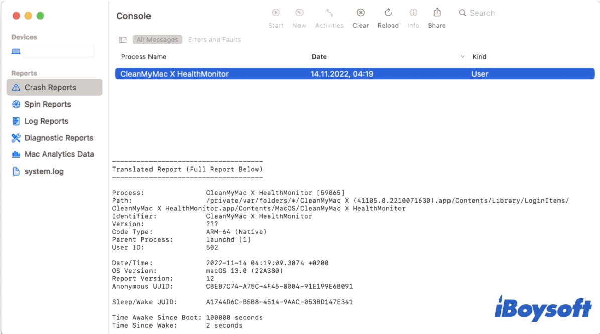Check crash reports in Console