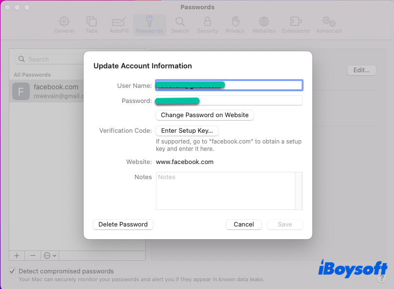 how to edit the passwords in Safari
