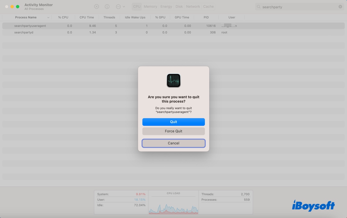 Force quit searchpartyuseragent on Mac