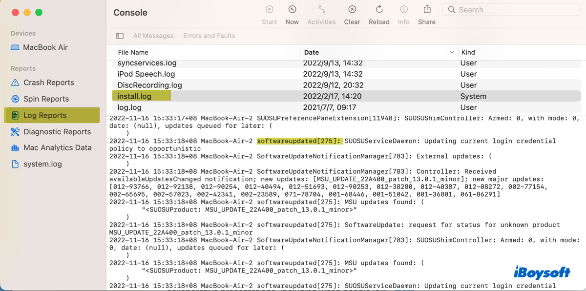 Check what process was using softwareupdated in Console