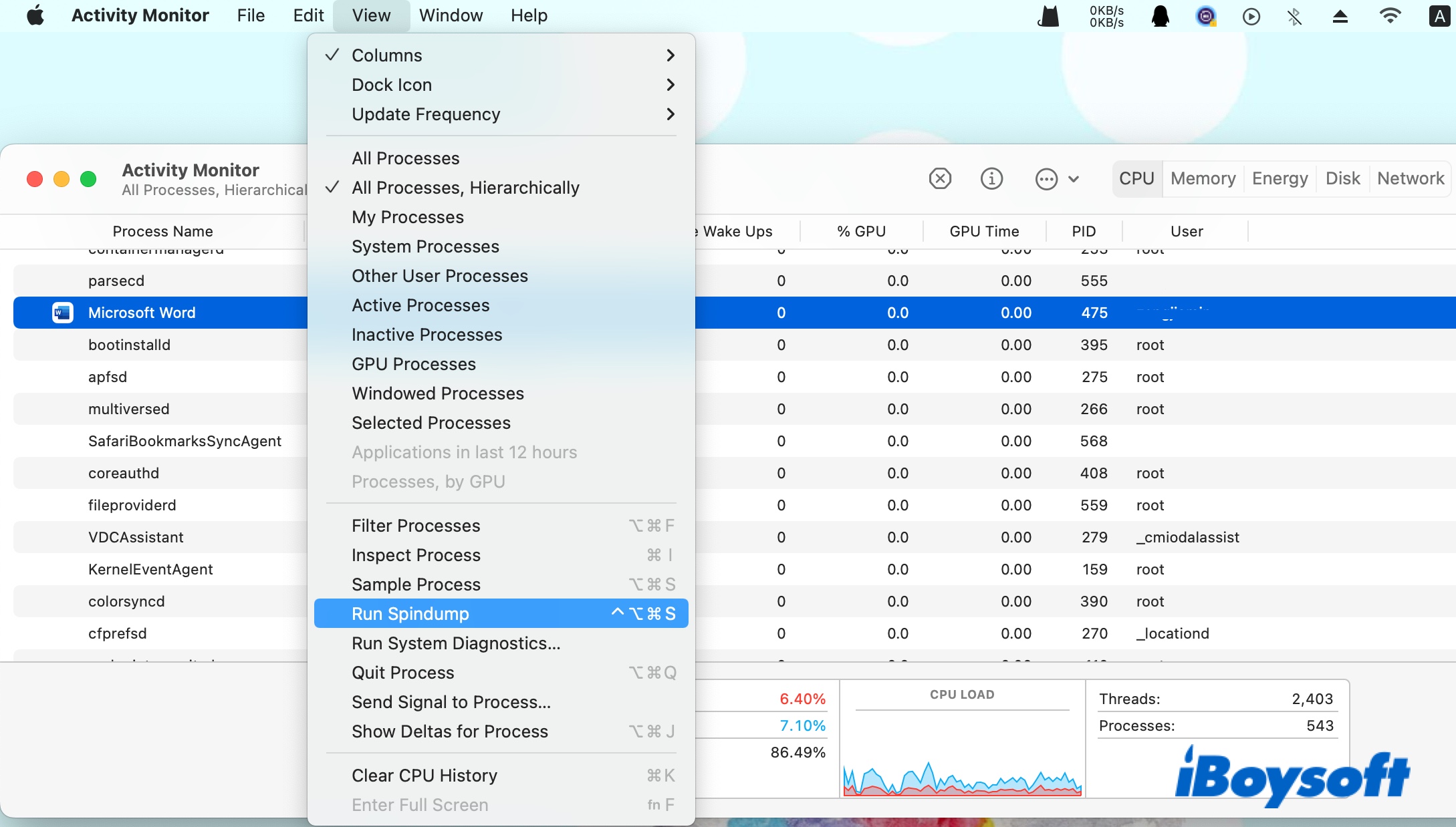 Click Run Spindump to create a diagonostics report