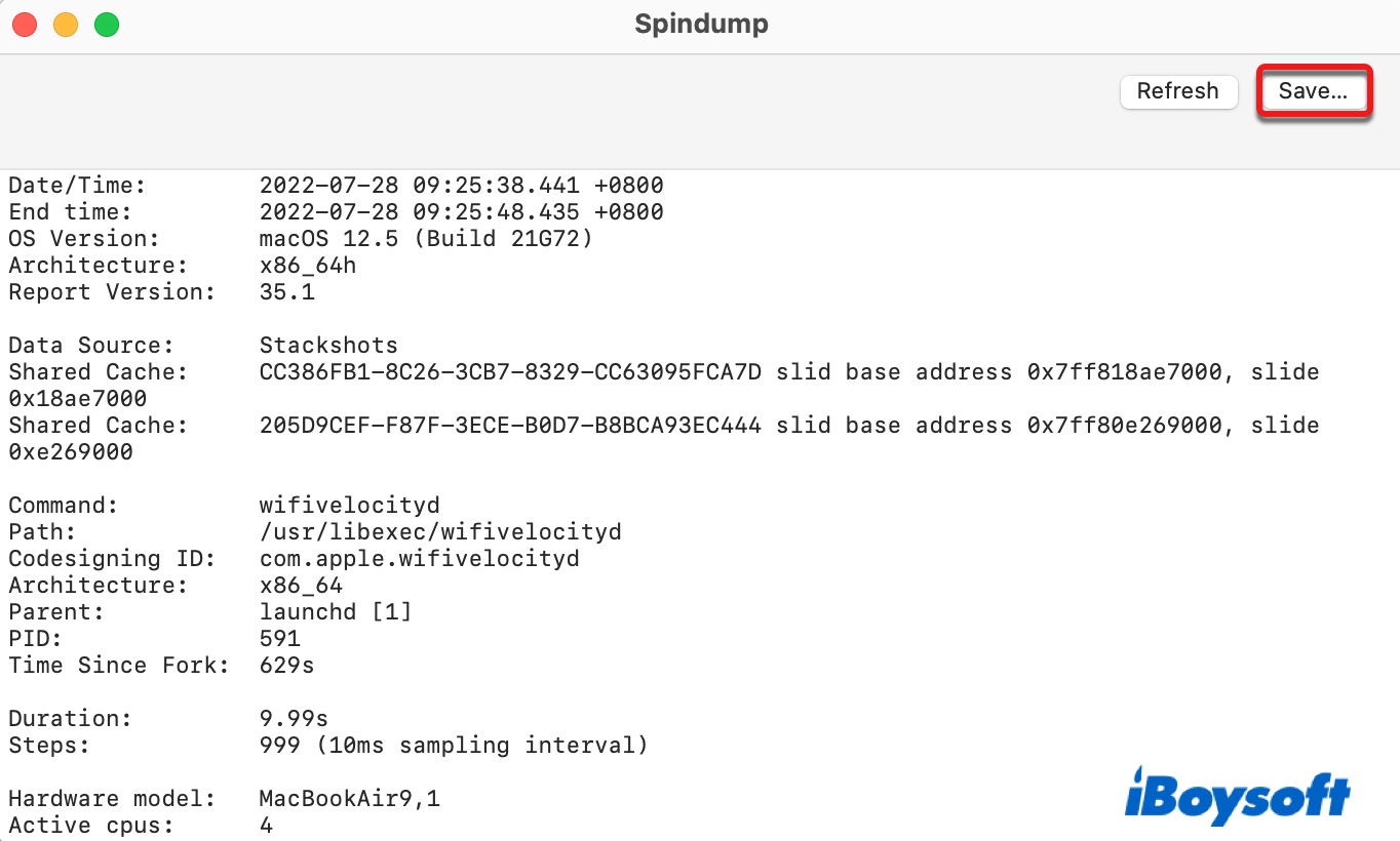 Click Save to save the spindump report