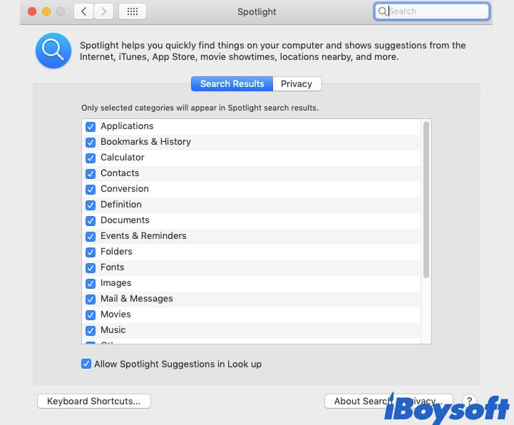 change categories in Spotlight search results