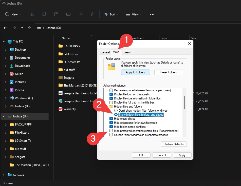 how to access .Trashes folder on an external hard drive on Windows