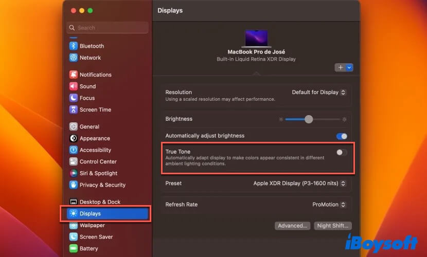 turn on True Tone on macOS Ventura