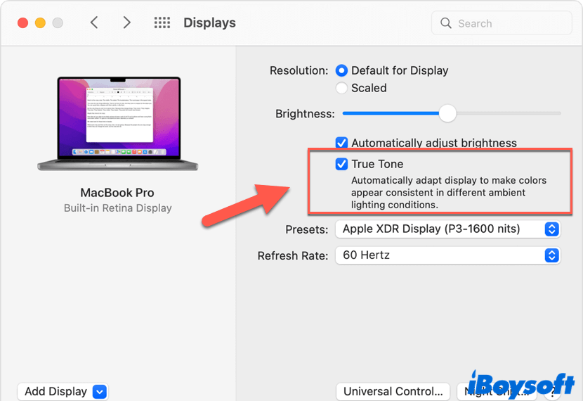 turn on True Tone on macOS Ventura
