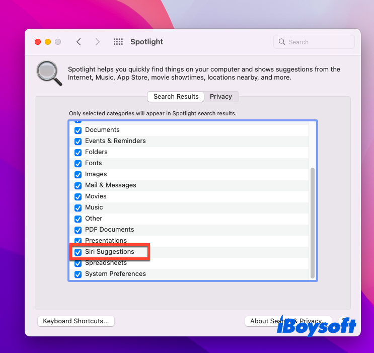 Ensure the Siri Suggestions option is checked
