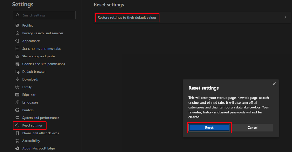 restablecer la configuración de Microsoft Edge a los valores predeterminados
