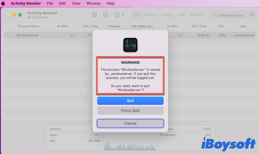 can you quit WindowServer on Mac