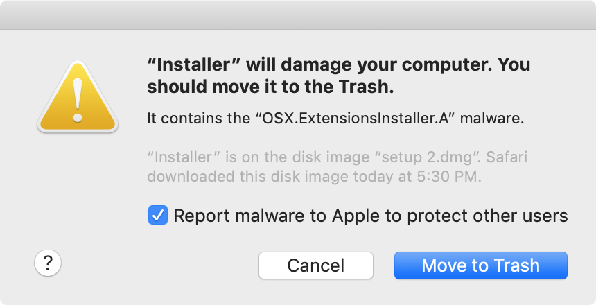 the warning XProtect shows you when it detects malware