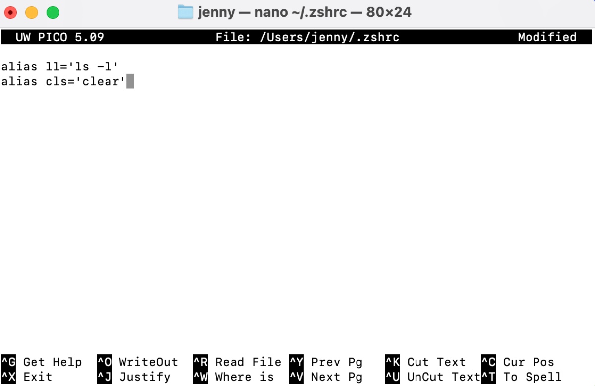 How to add alias to Zsh in Terminal on Mac